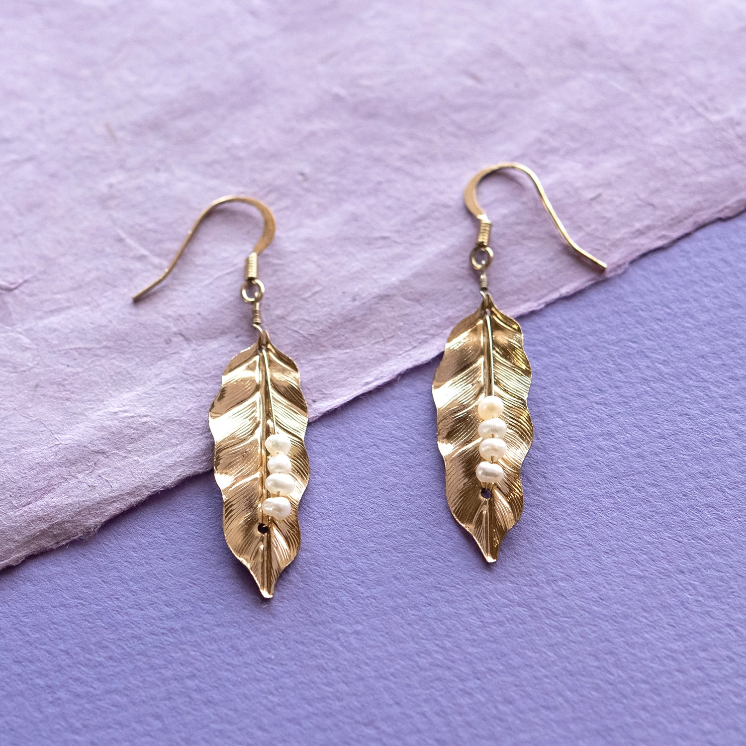 Gold-plated-leaf-pearl-dangle-earrings-2-1/2inches