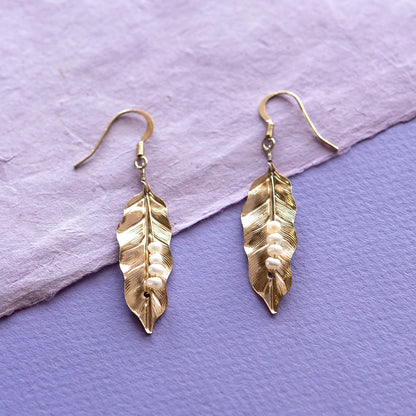 Gold-plated-leaf-pearl-dangle-earrings-2-1/2inches