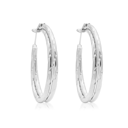 Textured Twist Silver Tone Hoop Earrings with Secure Latch Back Closure, 1.5 Inch Diameter