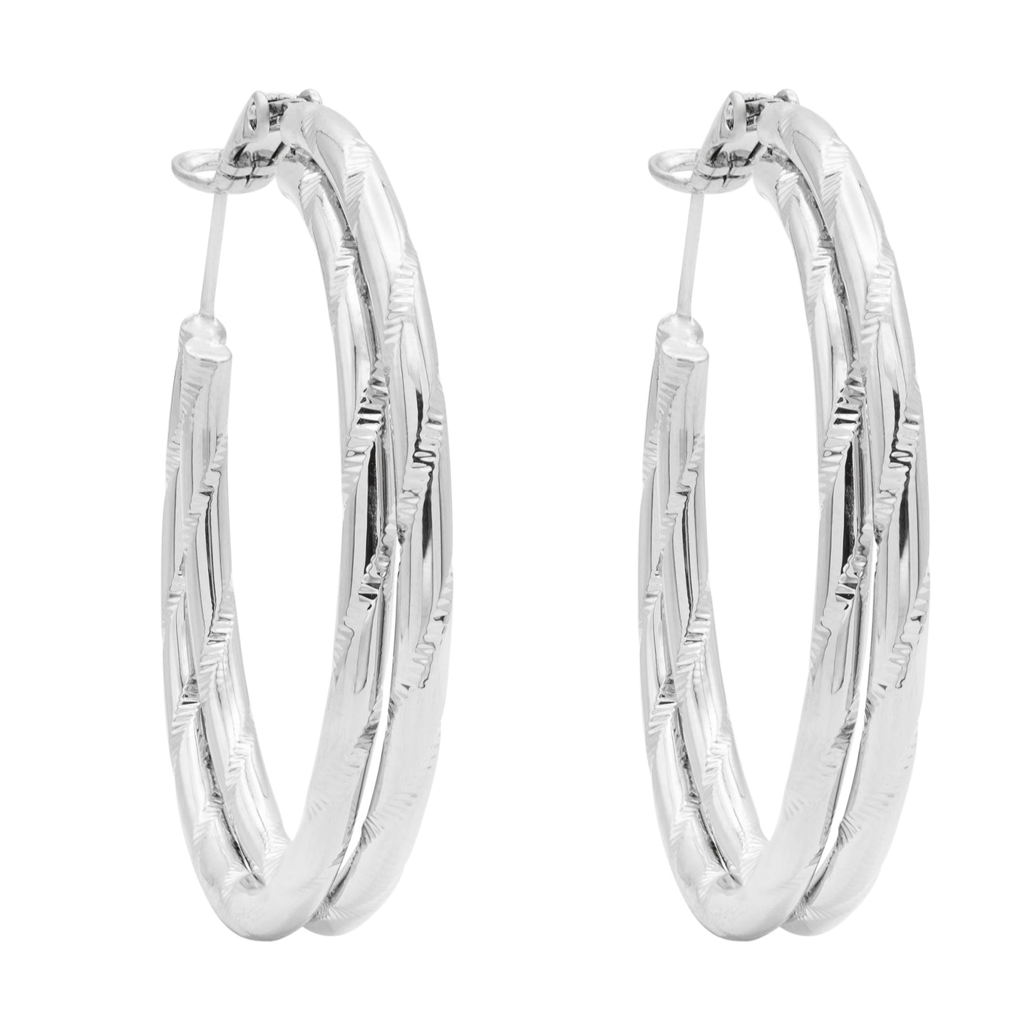 Textured Twist Silver Tone Hoop Earrings with Secure Latch Back Closure, 1.5 Inch Diameter