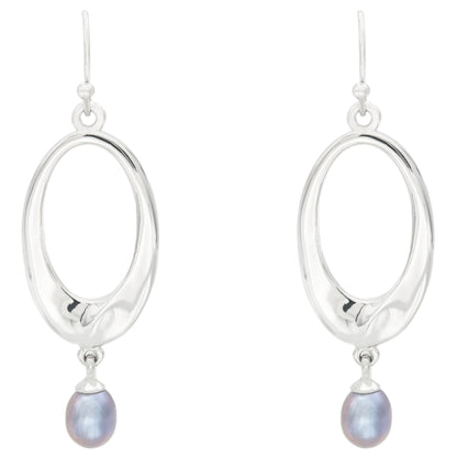 Elegant Glass Pearl Drop Earrings with Silver Tone Oval Frame 2 Inch Dangle Earrings