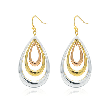 Tri-Color Metal Teardrop Dangle Earrings - 2 Inch Drop Length Fashion Jewelry