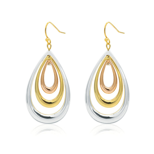 Tri-Color Metal Teardrop Dangle Earrings - 2 Inch Drop Length Fashion Jewelry
