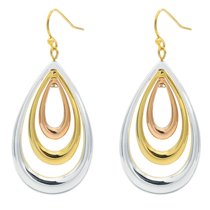 Tri-Color Metal Teardrop Dangle Earrings - 2 Inch Drop Length Fashion Jewelry