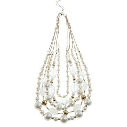 Elegant 5-Strand Pearl Bead Statement Necklace with Crystal Accents and Gold Tone Details