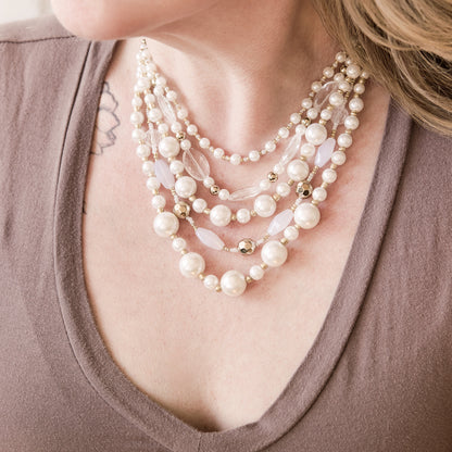Elegant 5-Strand Pearl Bead Statement Necklace with Crystal Accents and Gold Tone Details