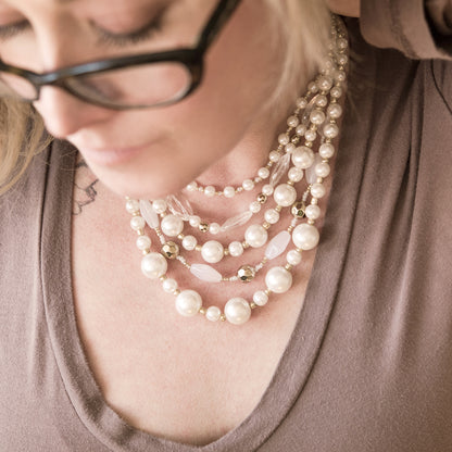 Elegant 5-Strand Pearl Bead Statement Necklace with Crystal Accents and Gold Tone Details