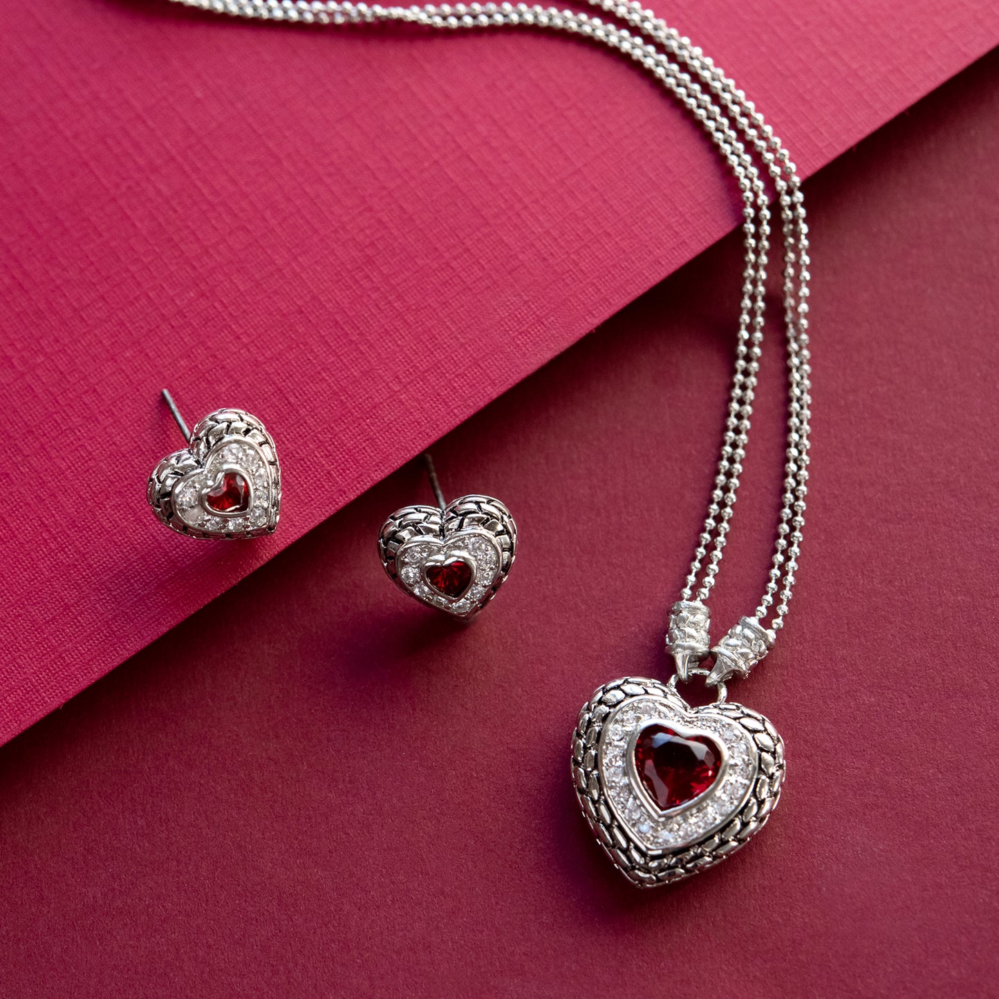 Vintage Style Ruby Crystal Heart Pendant Necklace with Clear Crystal Accents and Double Chain