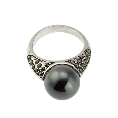 Gray Glass Pearl and Marcasite Statement Ring