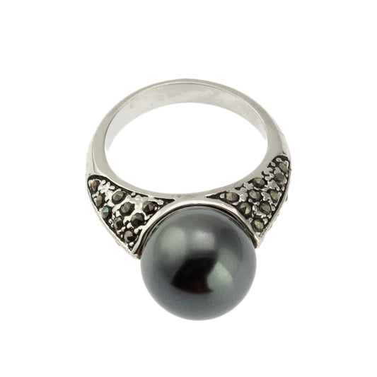 Gray Glass Pearl and Marcasite Statement Ring