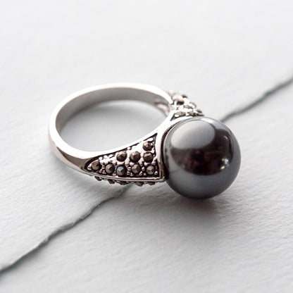 Gray Glass Pearl and Marcasite Statement Ring