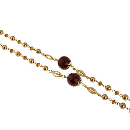 Elegant Long Red Jade and Topaz Crystal Station Necklace with Gold Tone Beads, 38 Inches