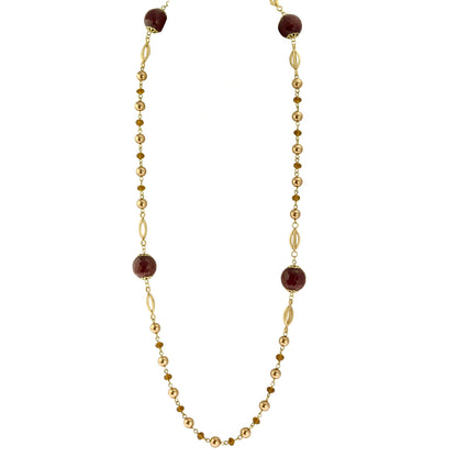 Elegant Long Red Jade and Topaz Crystal Station Necklace with Gold Tone Beads, 38 Inches