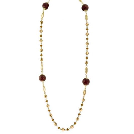 Elegant Long Red Jade and Topaz Crystal Station Necklace with Gold Tone Beads, 38 Inches