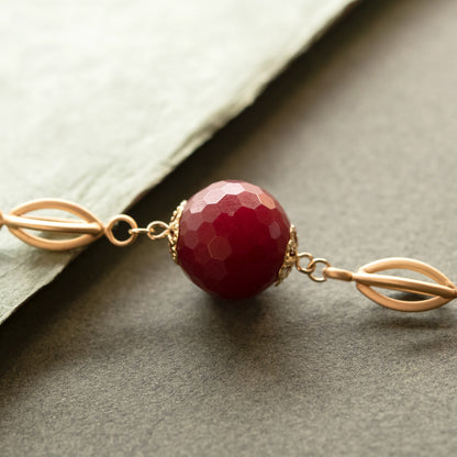 Elegant Long Red Jade and Topaz Crystal Station Necklace with Gold Tone Beads, 38 Inches