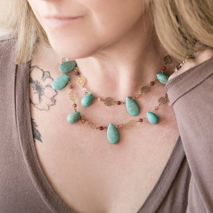 Genuine Turquoise and Carnelian Double Layer Statement Bib Necklace with Gold Tone Accents