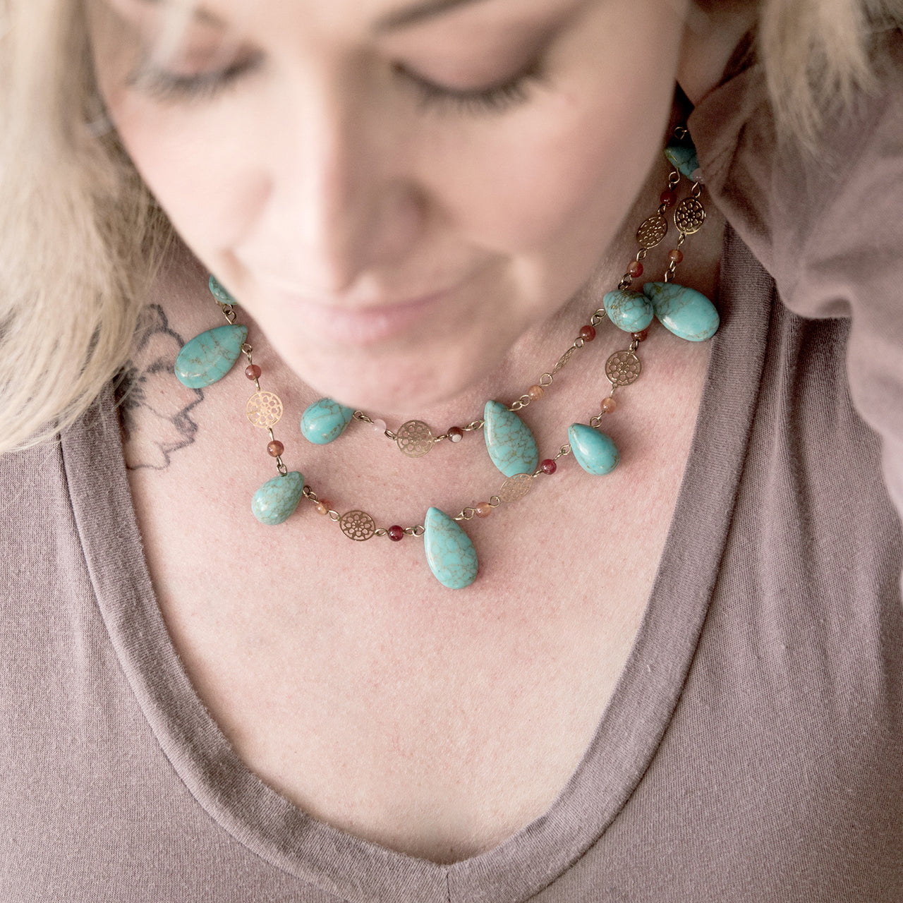 Genuine Turquoise and Carnelian Double Layer Statement Bib Necklace with Gold Tone Accents