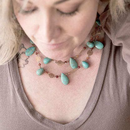Genuine Turquoise and Carnelian Double Layer Statement Bib Necklace with Gold Tone Accents