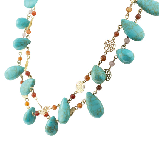 Genuine Turquoise and Carnelian Double Layer Statement Bib Necklace with Gold Tone Accents