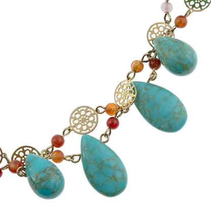 Genuine Turquoise and Carnelian Double Layer Statement Bib Necklace with Gold Tone Accents