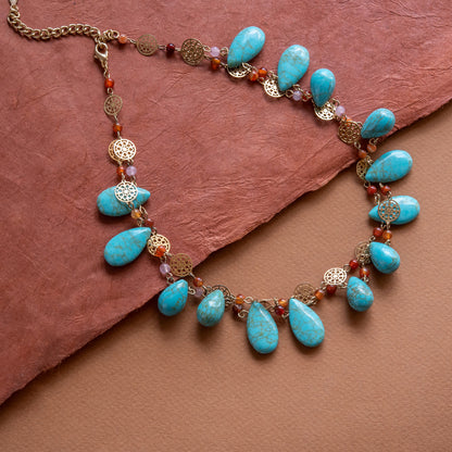 Genuine Turquoise and Carnelian Double Layer Statement Bib Necklace with Gold Tone Accents