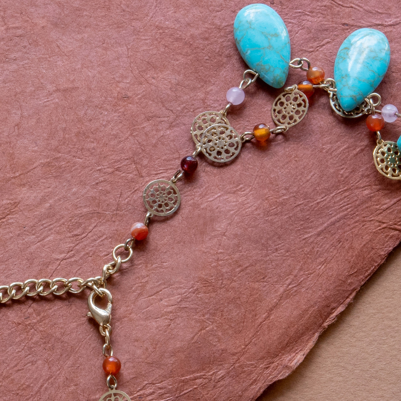 Genuine Turquoise and Carnelian Double Layer Statement Bib Necklace with Gold Tone Accents