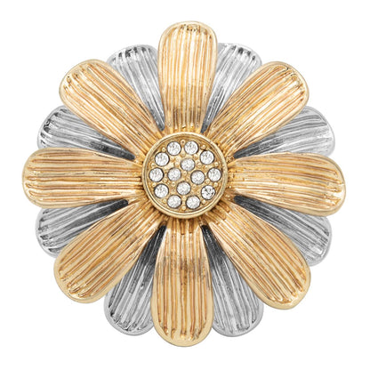 Two Tone Daisy Flower Crystal Stretch Ring with Austrian Crystals - Silver and Gold Fashion Statement Ring