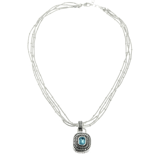 Convertible Aqua Blue Austrian Crystal Multi-Chain Silver Tone Necklace with Removable Pendant