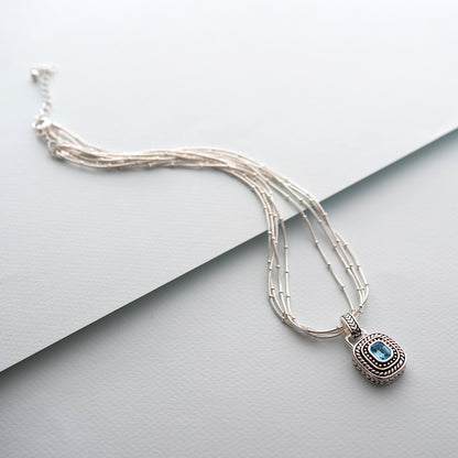 Convertible Aqua Blue Austrian Crystal Multi-Chain Silver Tone Necklace with Removable Pendant