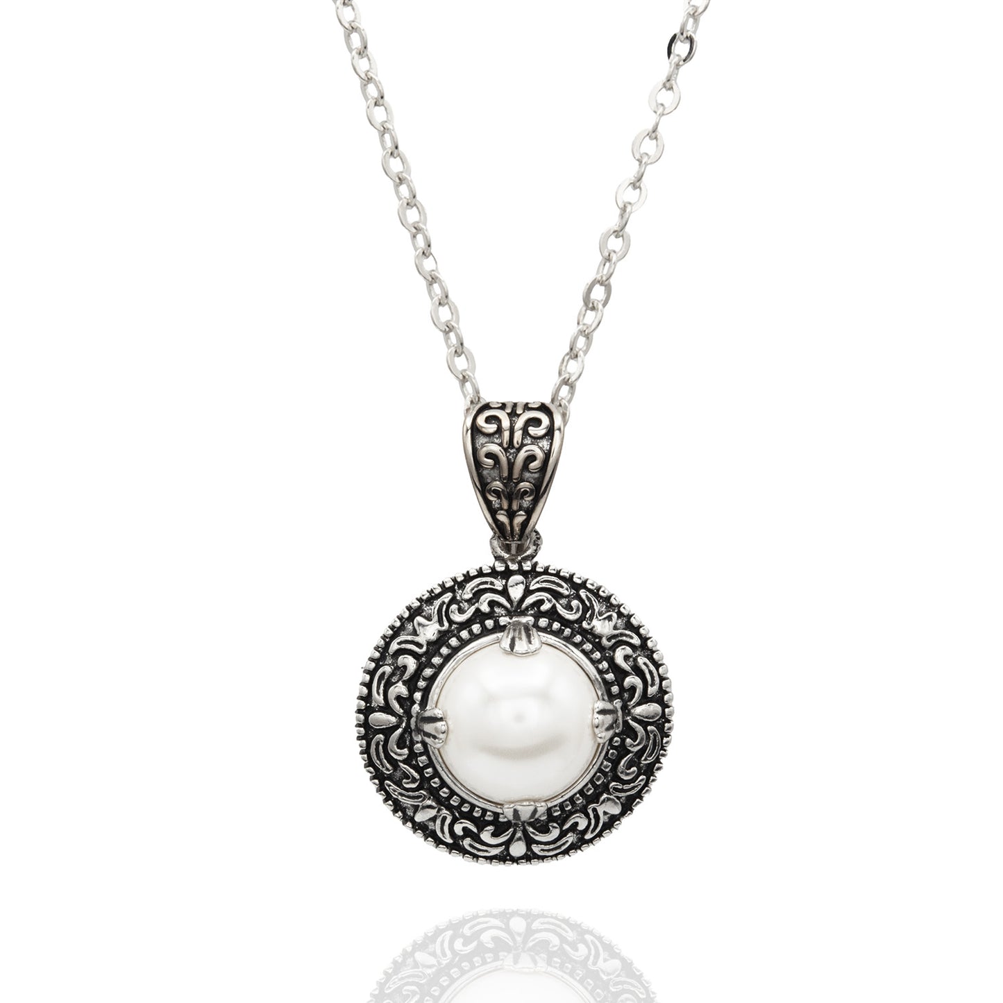 Pearl in Antique Silver Setting Pendant Necklace and Earring Set