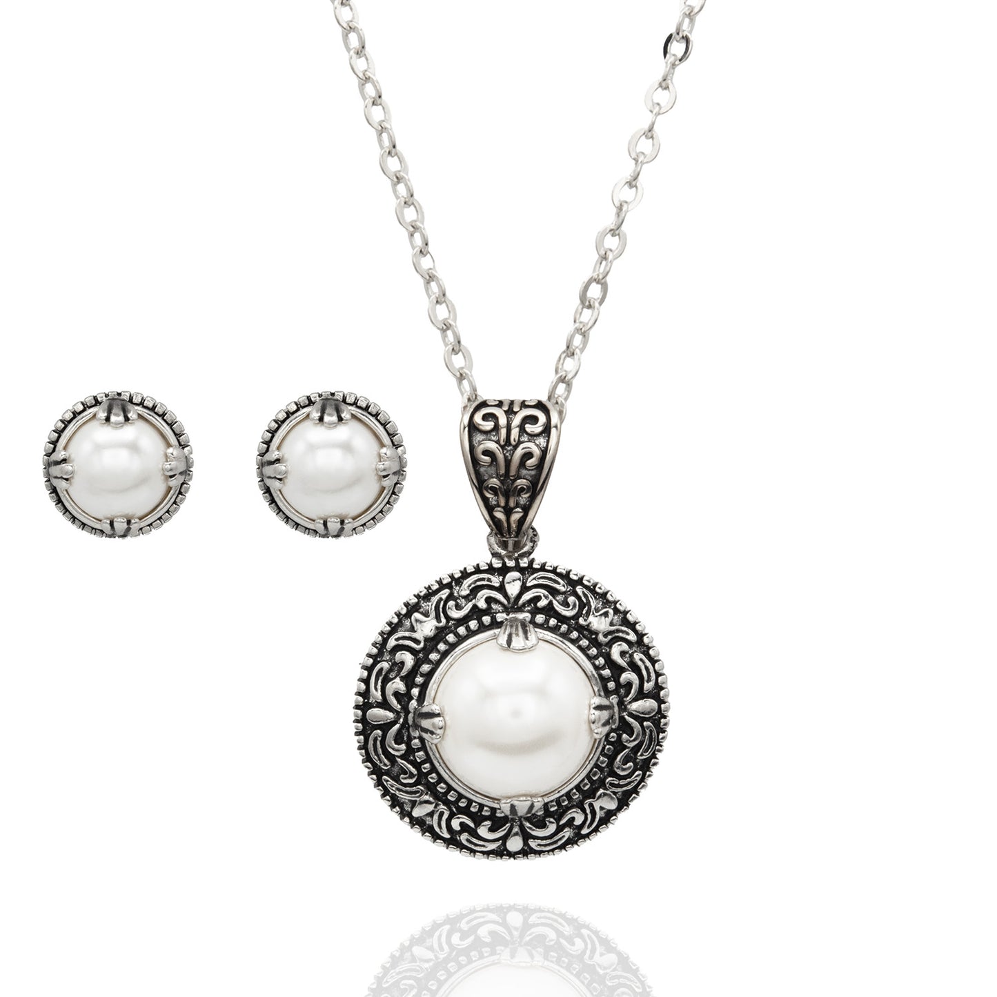Pearl in Antique Silver Setting Pendant Necklace and Earring Set