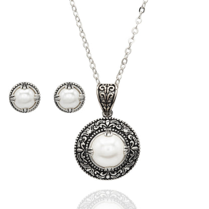 Pearl in Antique Silver Setting Pendant Necklace and Earring Set