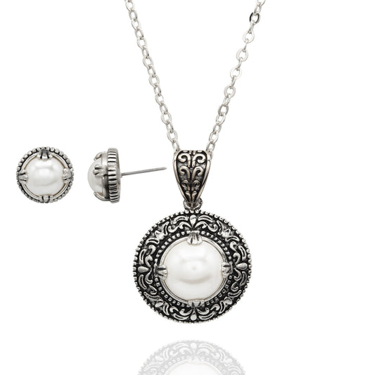 Pearl in Antique Silver Setting Pendant Necklace and Earring Set