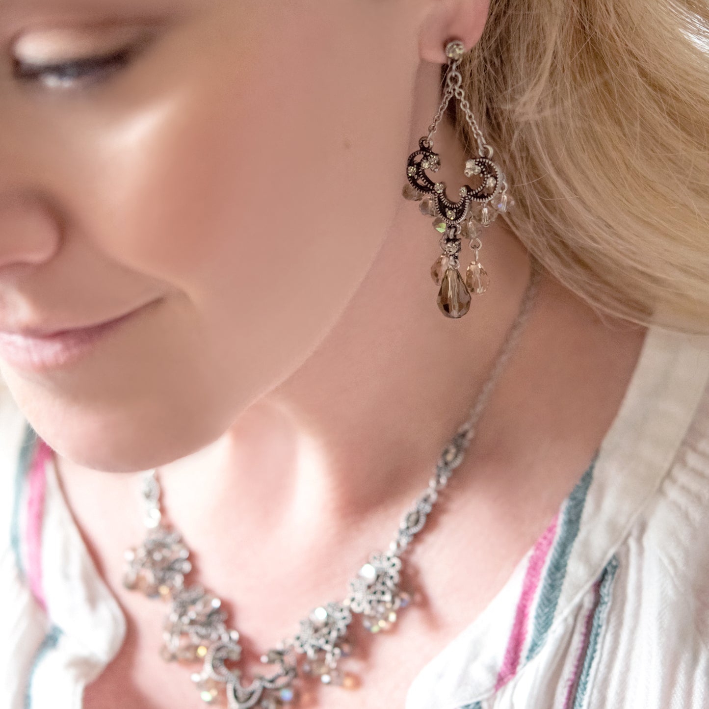 Elegant Black Diamond Crystal Chandelier Necklace and Earring Set with Aurora Borealis Beads - Antique Silver