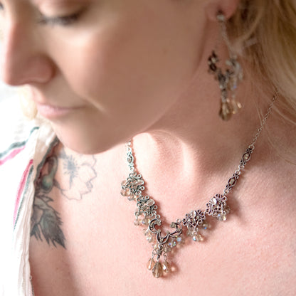 Elegant Black Diamond Crystal Chandelier Necklace and Earring Set with Aurora Borealis Beads - Antique Silver
