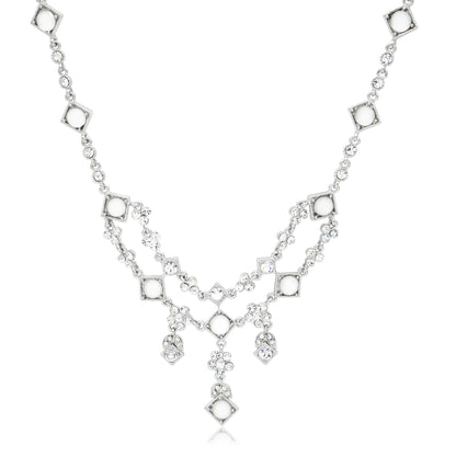 Vintage Style Crystal and Moonstone Statement Necklace - Elegant Wedding Special Occasion Bib Necklace with Rhodium Finish