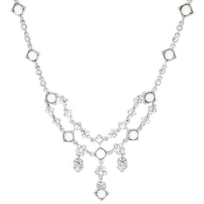 Vintage Style Crystal and Moonstone Statement Necklace - Elegant Wedding Special Occasion Bib Necklace with Rhodium Finish