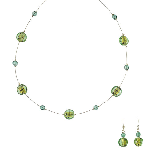 Summer Beach Green Glass Bead Necklace and Drop Earring Set with Silver Tone Wire