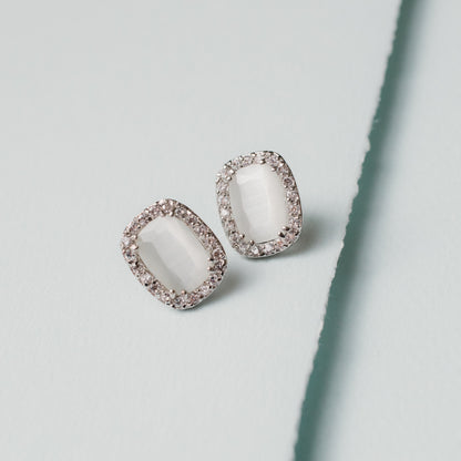 Elegant White Cat's Eye and Austrian Crystal Halo Stud Earrings for Bridal Wedding Special Occasions