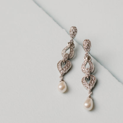 Vintage Style Pearl Drop Crystal Dangle Earrings - Wedding Bridal Austrian Crystal Pearl Earrings 1.75 Inch