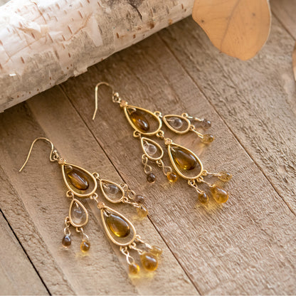 Elegant 3 Inch Gold Tone Beaded Chandelier Drop Earrings with Resin Beads