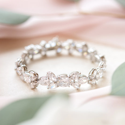 Elegant Multi-Cut Cubic Zirconia Tennis Bracelet with Teardrop, Oval and Marquise Stones in Silver Tone