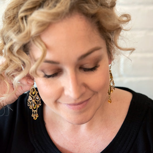Elegant 3 Inch Gold Tone Beaded Chandelier Drop Earrings with Resin Beads