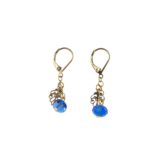 Elegant Blue Crystal Drop Earrings with Gold Tone Leaf Charm and Lever Back Closure