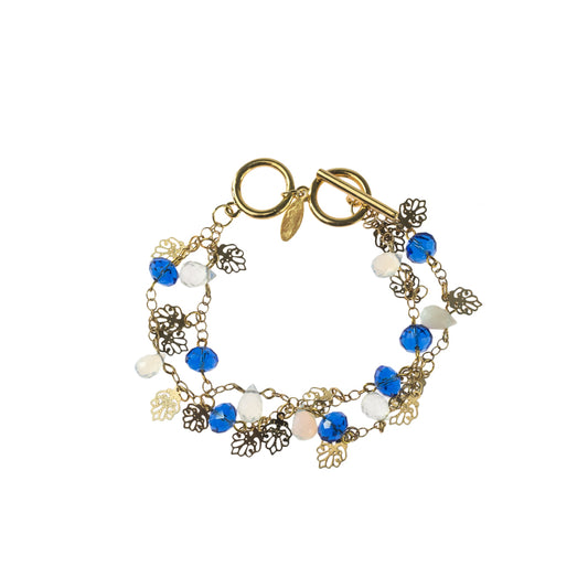 Elegant Opal Quartz Bracelet with Blue Glass Beads and Gold Tone Leaf Charms - 8 inch Toggle Clasp