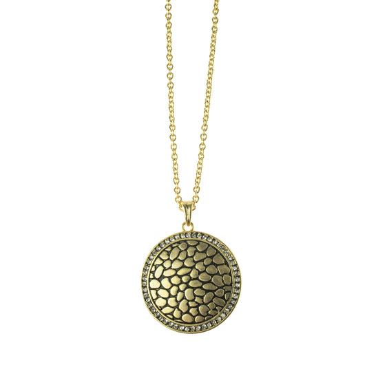 Gold Tone Textured Circle Pendant Necklace with Crystal Rim, 17 Inch Chain with 3 Inch Extender
