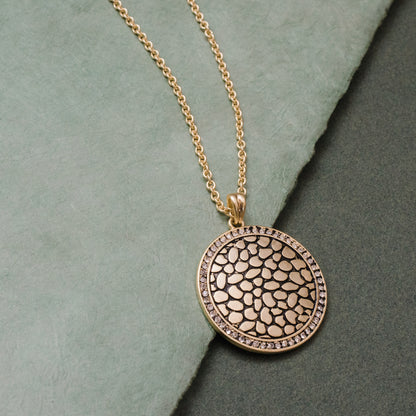 Gold Tone Textured Circle Pendant Necklace with Crystal Rim, 17 Inch Chain with 3 Inch Extender