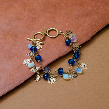 Elegant Opal Quartz Bracelet with Blue Glass Beads and Gold Tone Leaf Charms - 8 inch Toggle Clasp