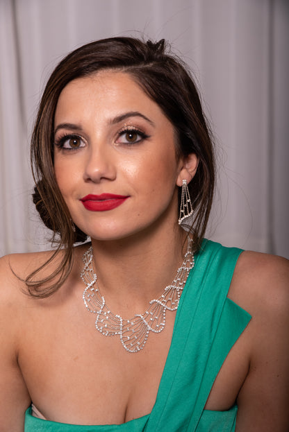 Elegant Austrian Crystal Wave Design Necklace and Earring Set - Adjustable Bridal Jewelry