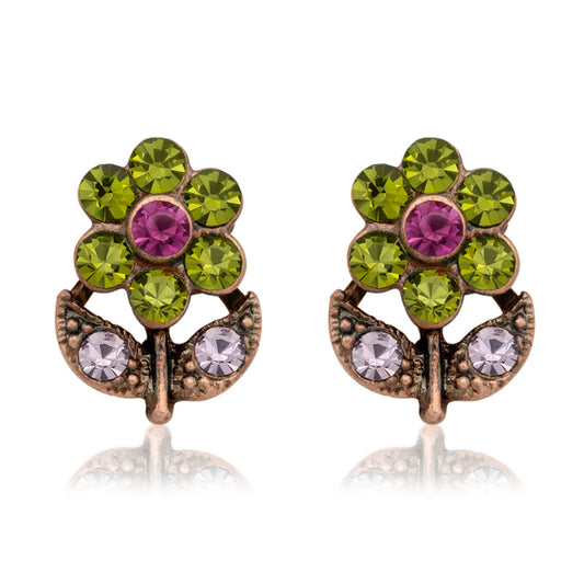 Vintage Style Crystal Flower Stud Earrings with Green Pink and Clear Crystals Rose Gold Tone